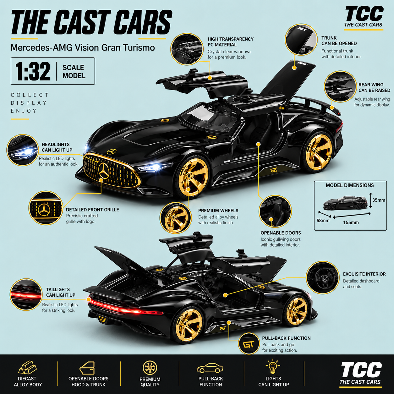 THE CAST CARS Mercedes-AMG Vision Gran Turismo 1:32 Diecast Model Car, Black & Gold | Collector Series — detail 1