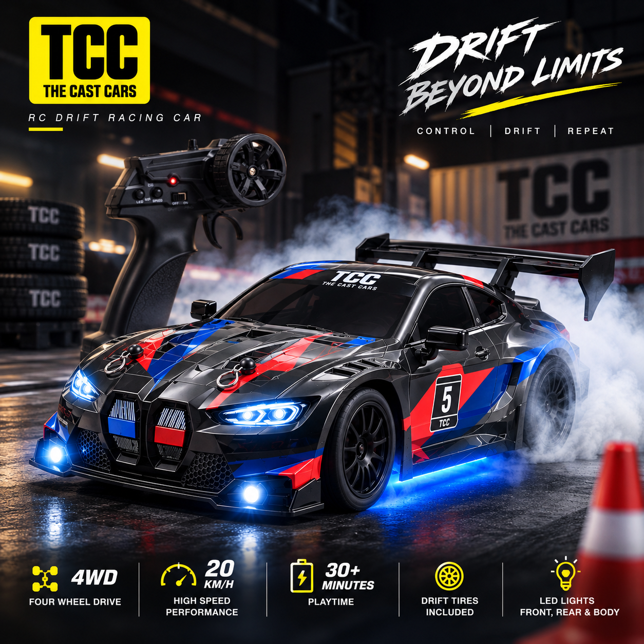 BMW-Style 1:24 RC Drift Car — Black, Red & Blue — four-wheel drive and lighting overview