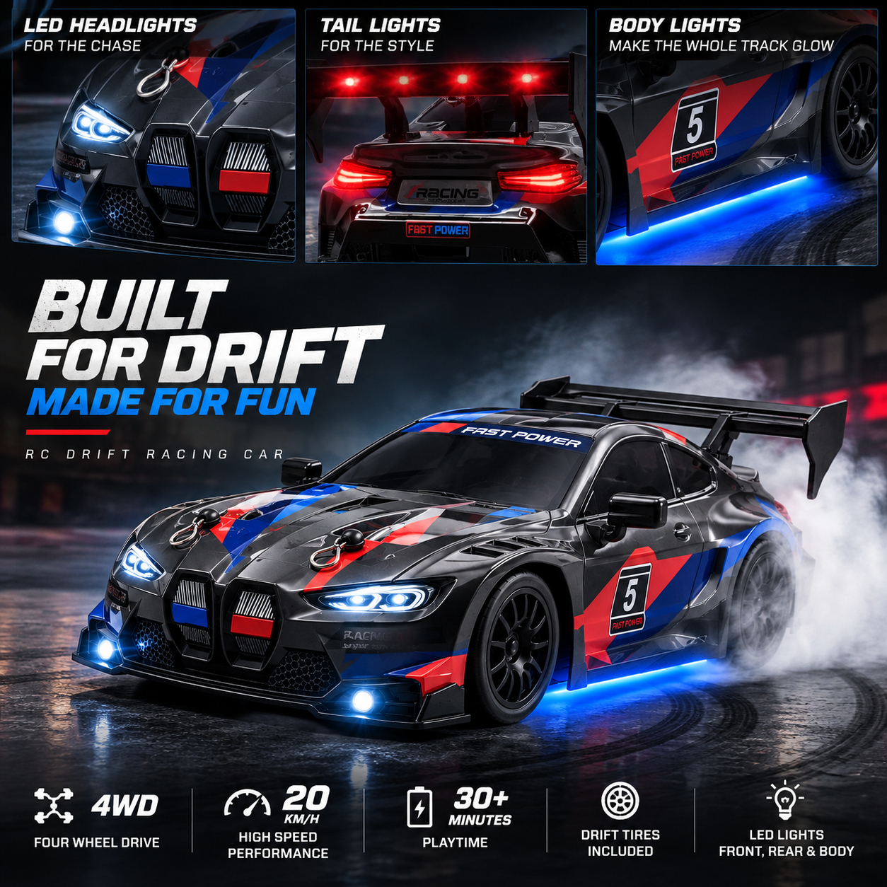 BMW-Style 1:24 RC Drift Car — Black, Red & Blue — headlight, rear and underbody lighting