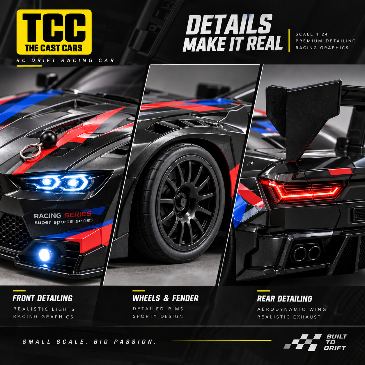 BMW-Style 1:24 RC Drift Car — Black, Red & Blue — body, wheel and rear-wing details