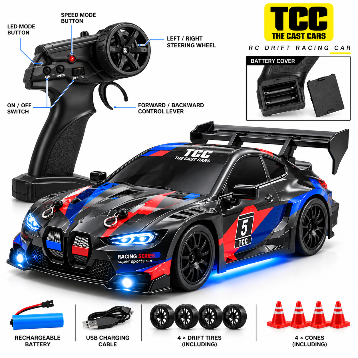 BMW-Style 1:24 RC Drift Car — Black, Red & Blue — remote controls and included accessories