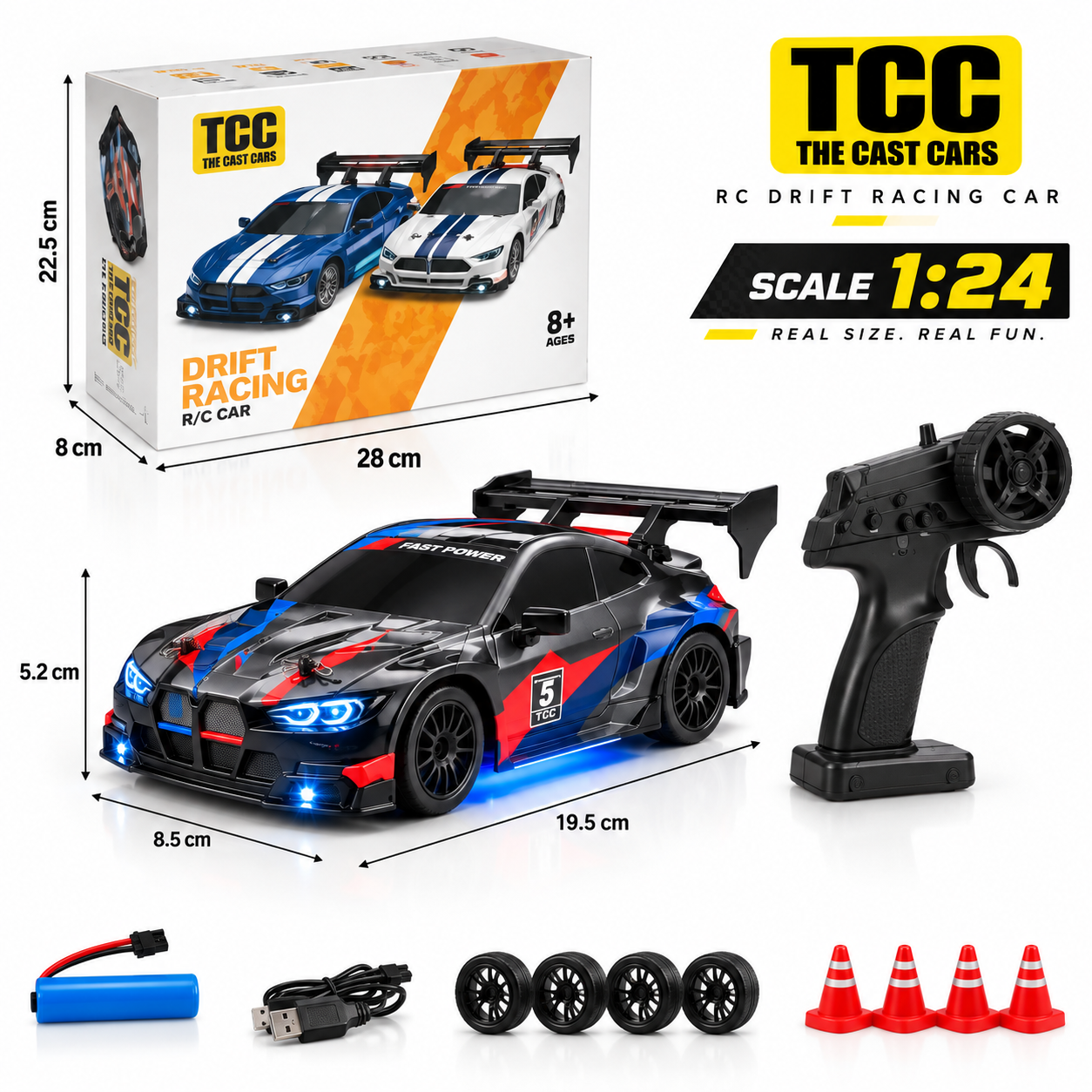 BMW-Style 1:24 RC Drift Car — Black, Red & Blue — car dimensions and box contents