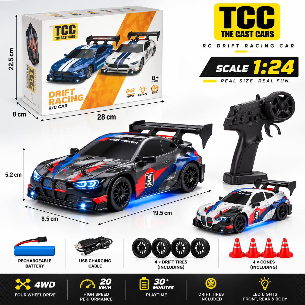 BMW-Style 1:24 RC Drift Car — Black, Red & Blue — packaging and 1:24 scale overview