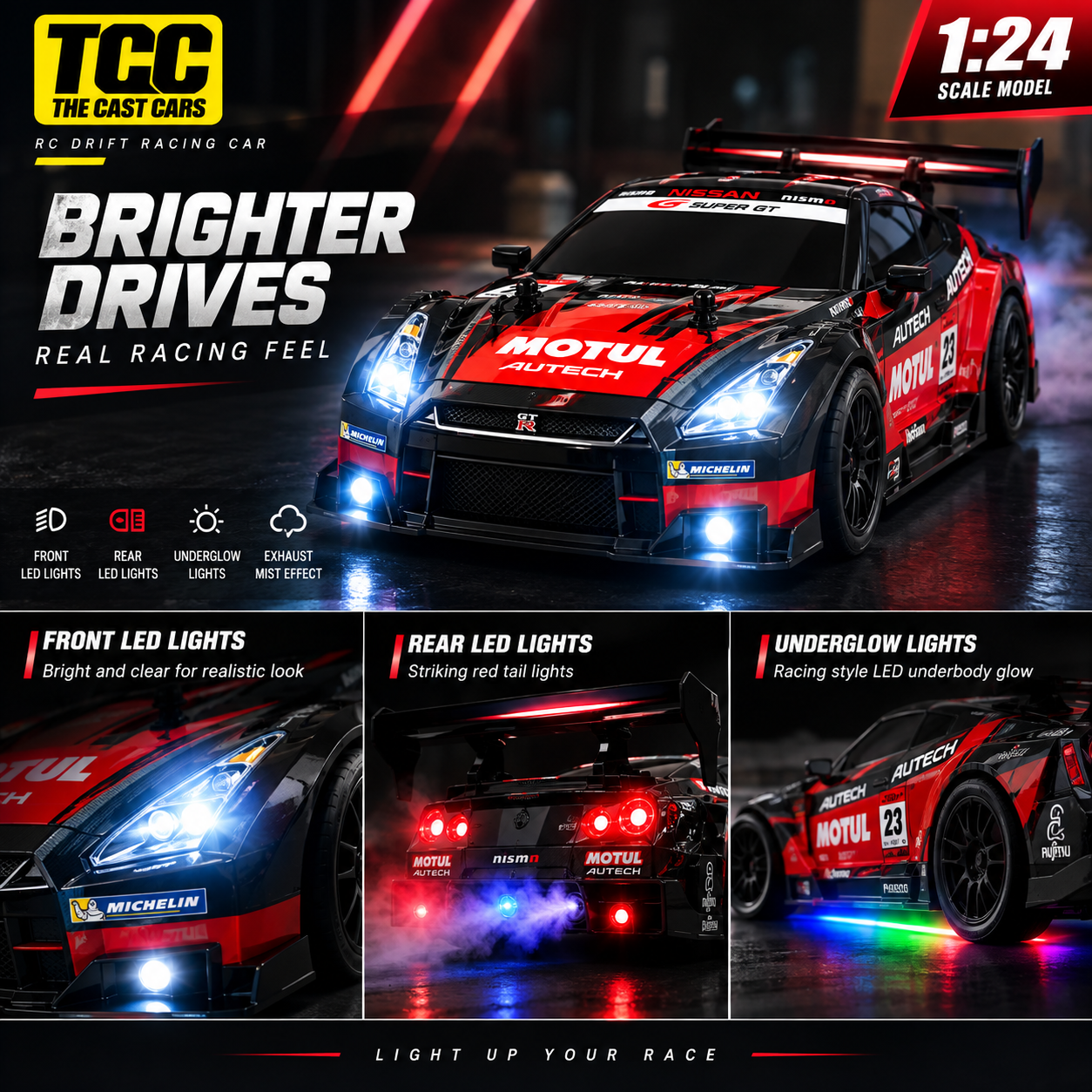 GT-R Style MOTUL 1:24 RC Drift Car — Red & Black — front, rear and underbody lights with mist effect