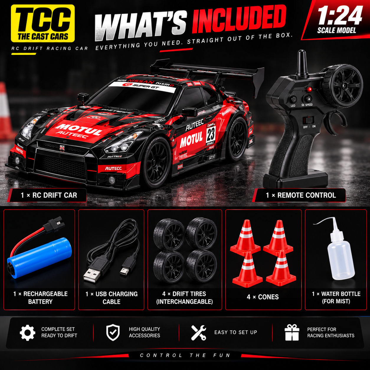 GT-R Style MOTUL 1:24 RC Drift Car — Red & Black — included car, controller and accessories