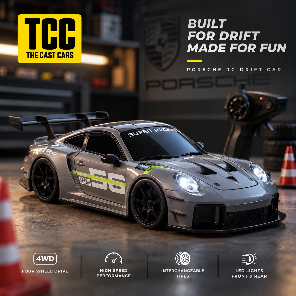 Porsche-Style 1:24 RC Drift Car — Grey — four-wheel drive and tyre overview