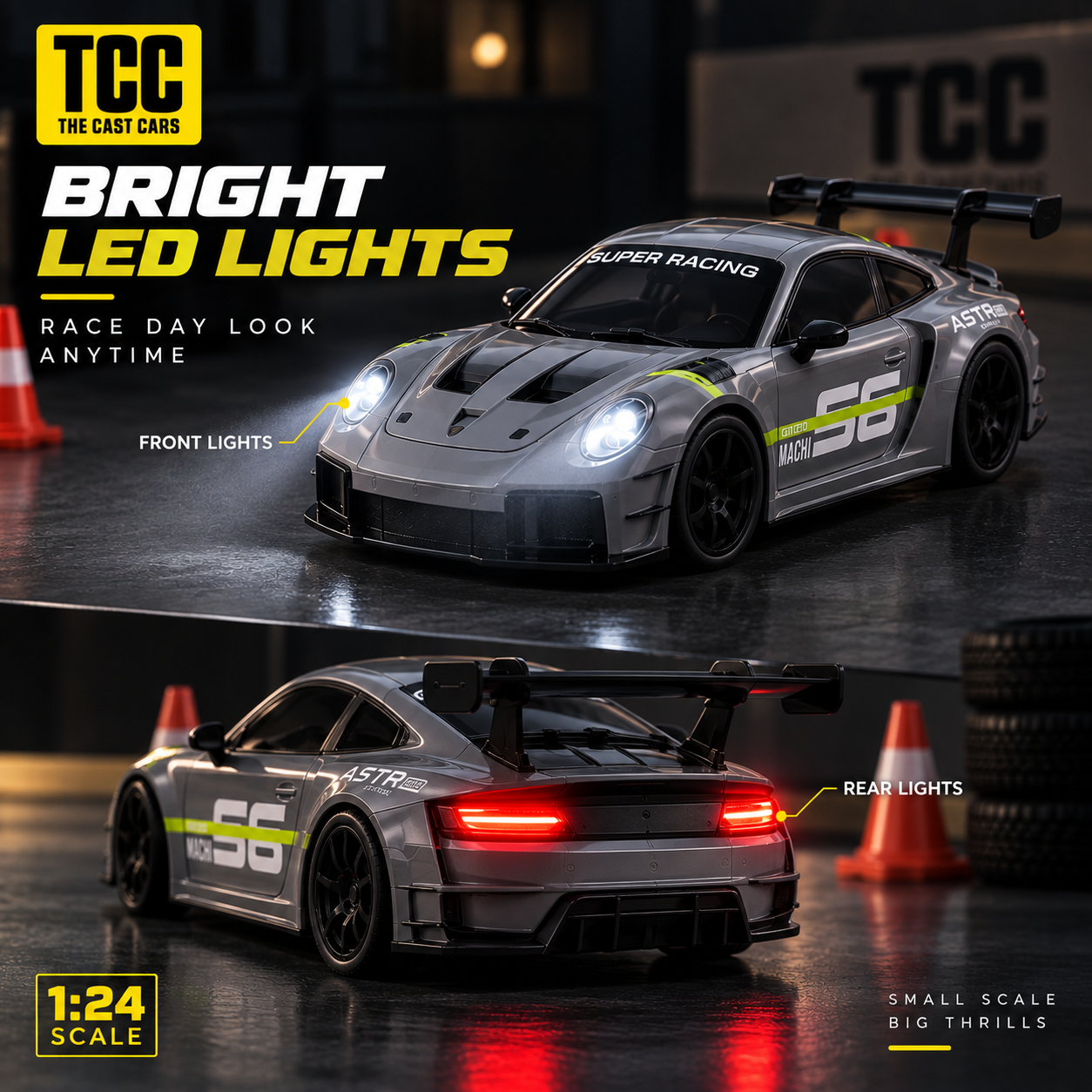 Porsche-Style 1:24 RC Drift Car — Grey — front and rear LED lights