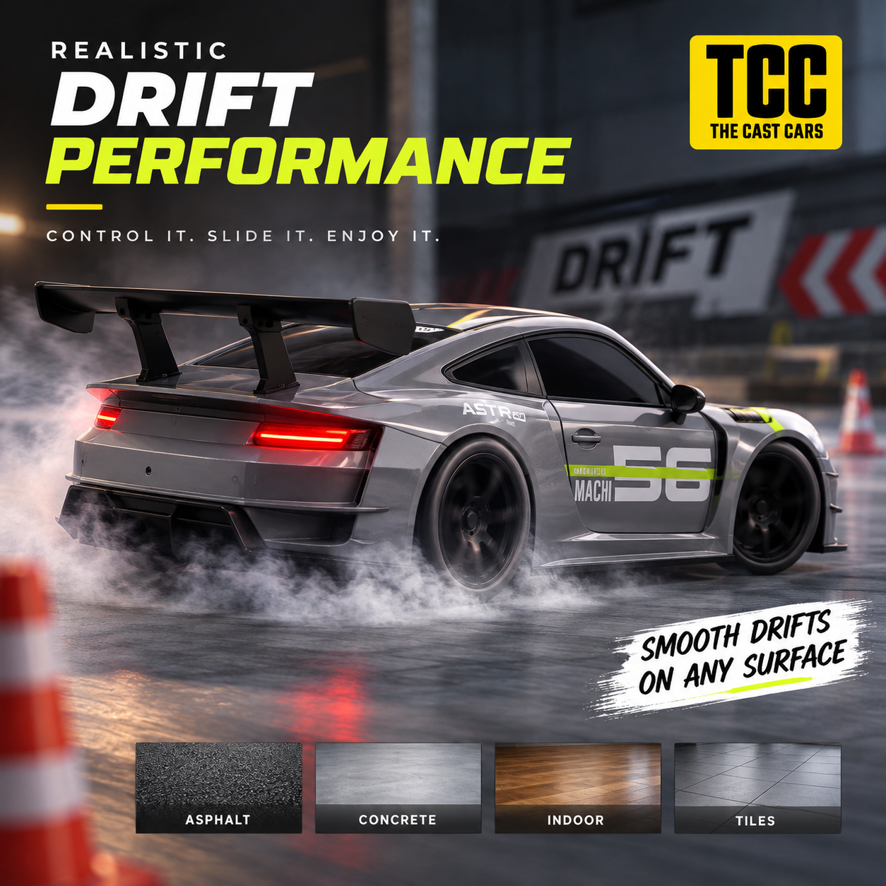 Porsche-Style 1:24 RC Drift Car — Grey — rear body and drifting view