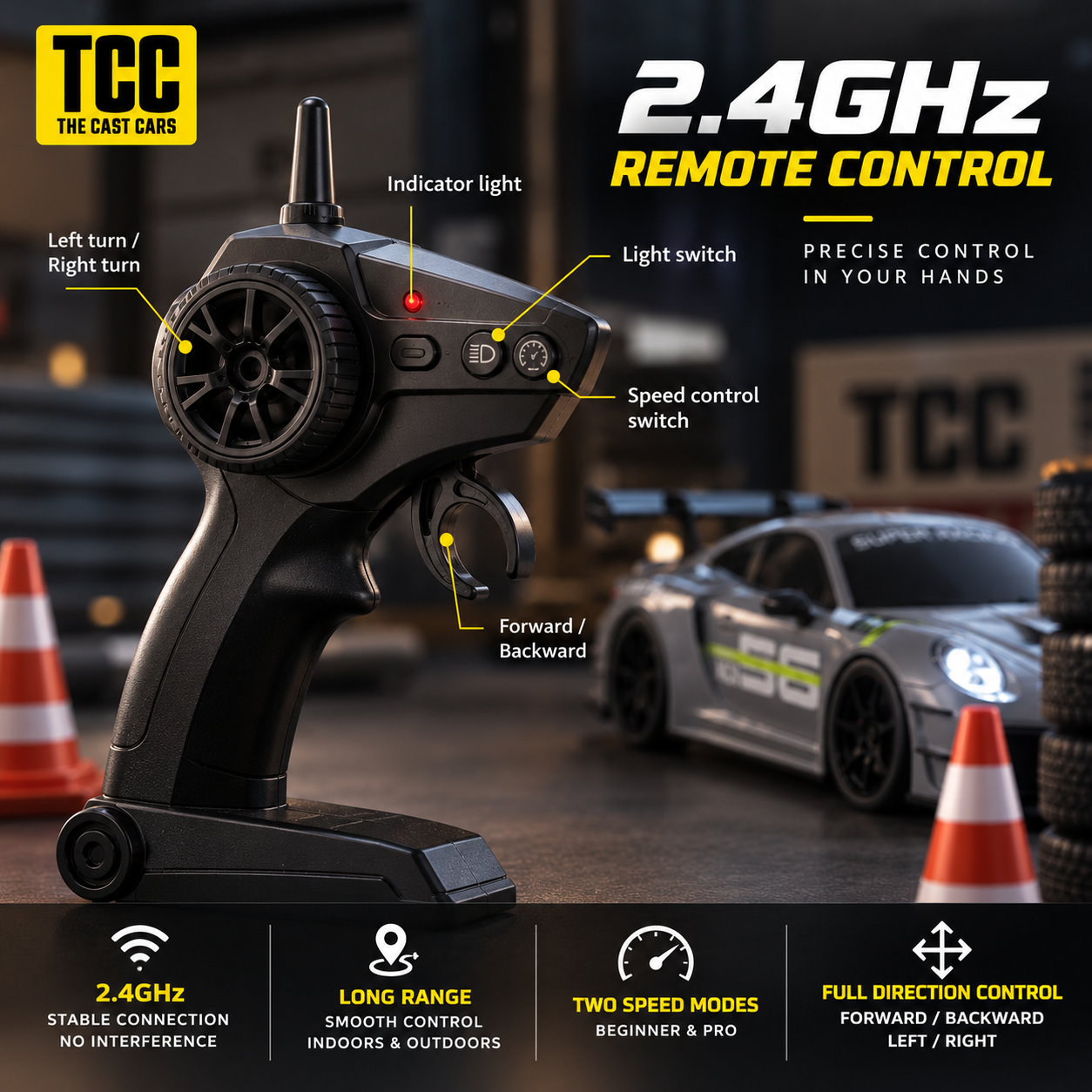 Porsche-Style 1:24 RC Drift Car — Grey — 2.4 GHz remote controls