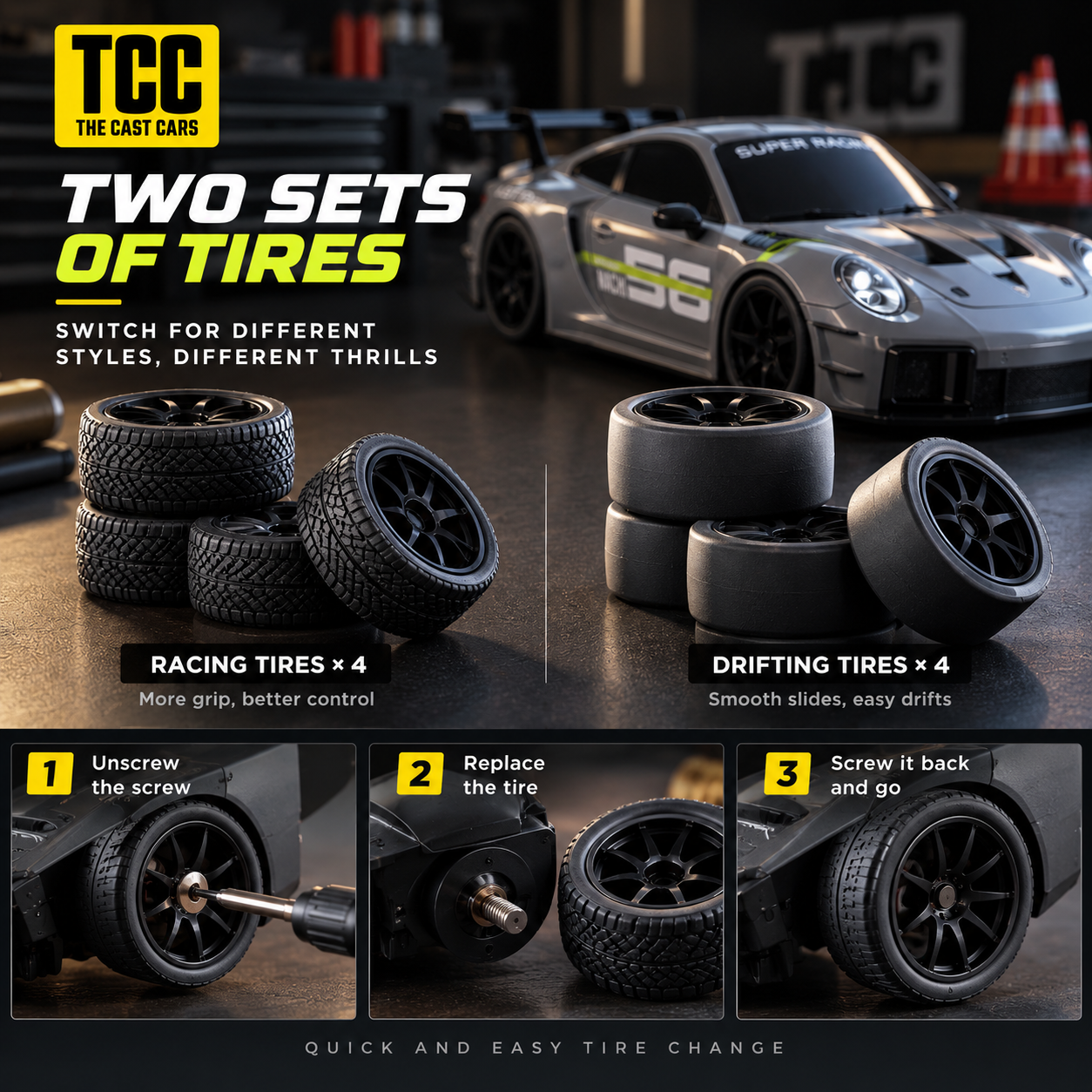 Porsche-Style 1:24 RC Drift Car — Grey — racing and drift tyre sets